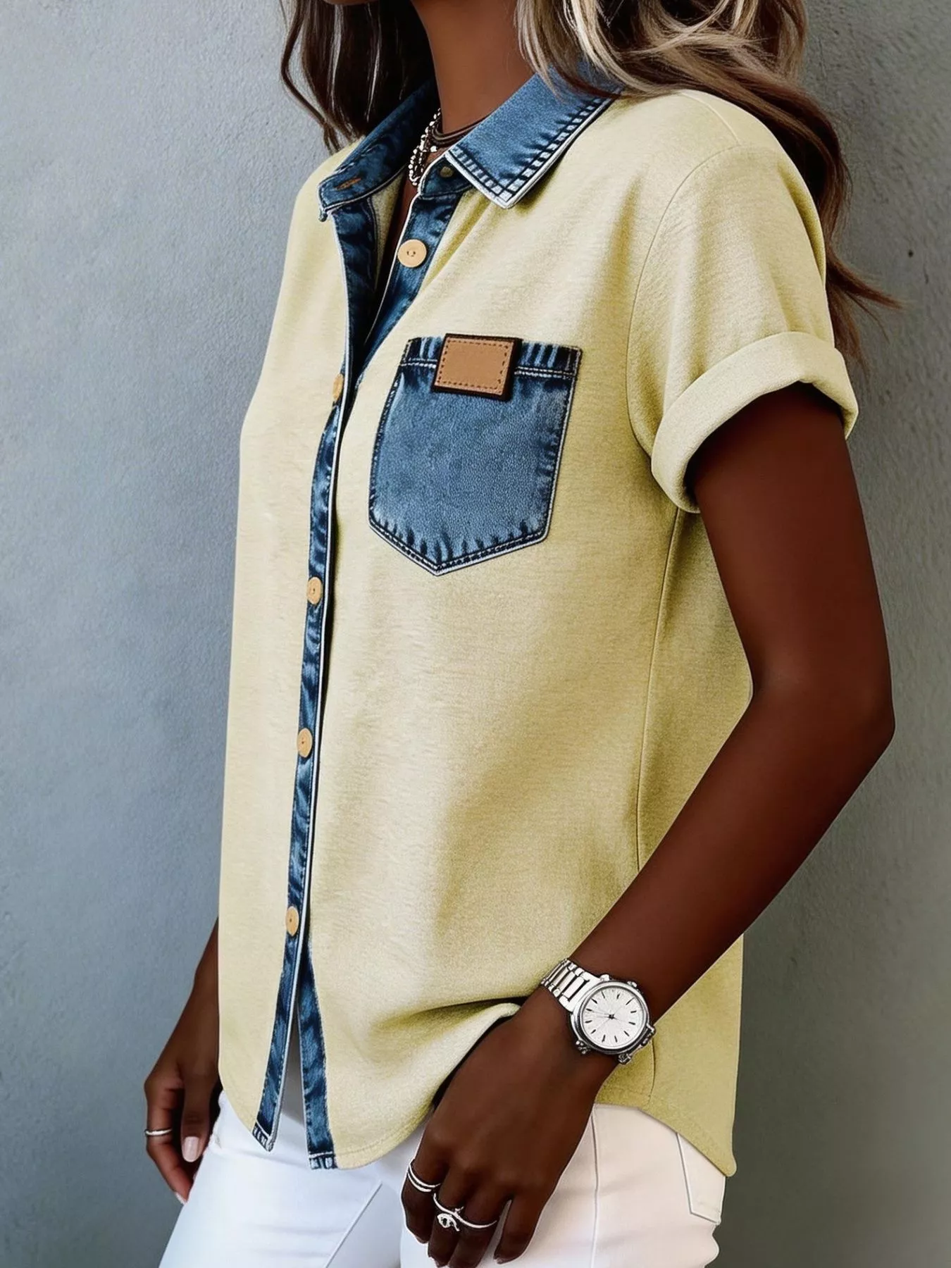 Denim Trim Short Sleeve Shirt - Image 11
