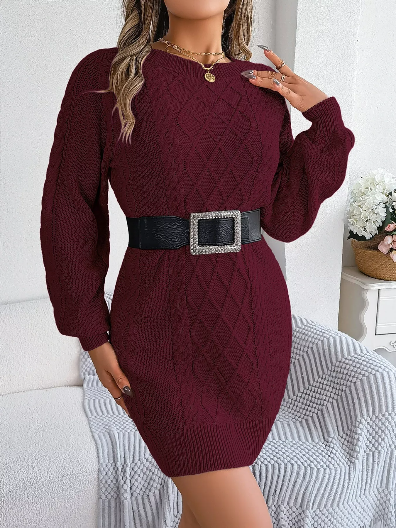 Diamond Cable Knit Sweater Dress with Long Sleeves - Image 13