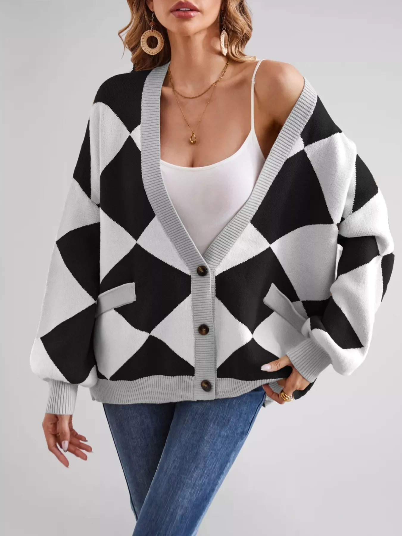 Diamond Pattern Button-Up Knit Cardigan - Image 13