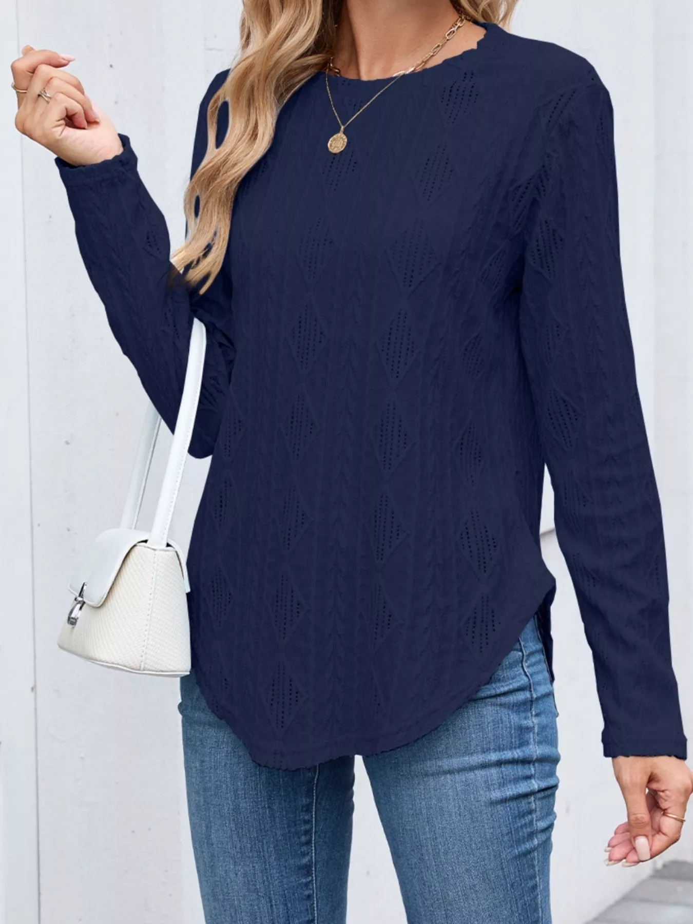 Diamond Pattern Knit Long Sleeve T-Shirt - Image 13