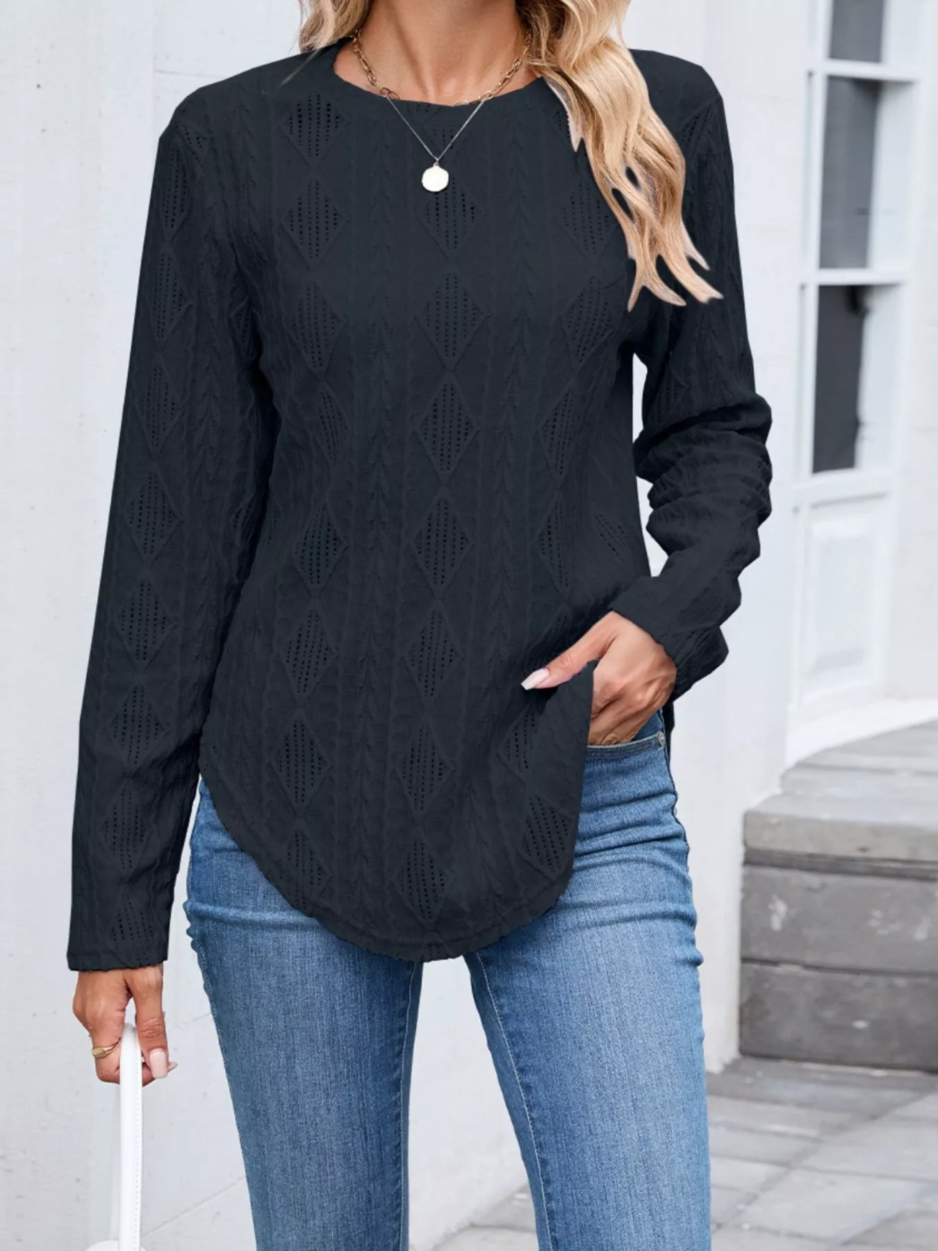 Diamond Pattern Knit Long Sleeve T-Shirt - Image 21