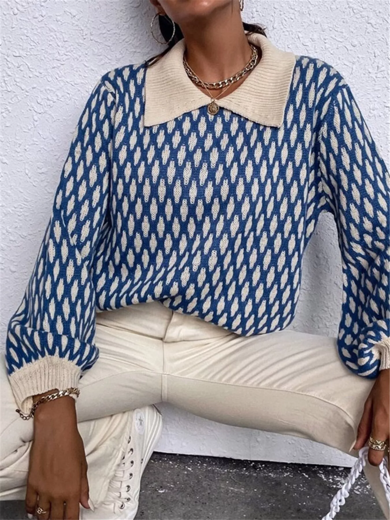 Diamond Pattern Peter Pan Collar Sweater - Image 4