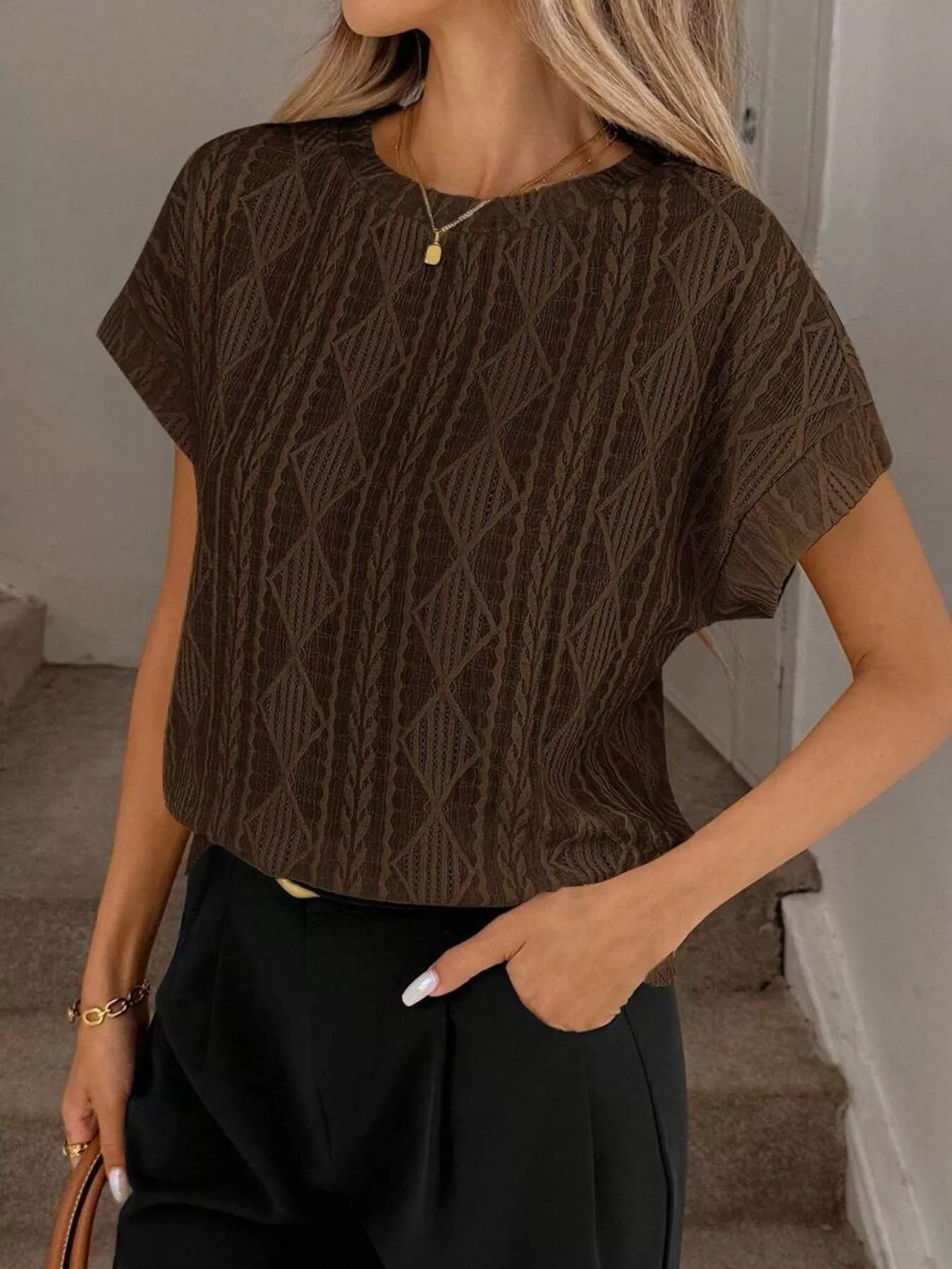 Diamond Pattern Round Neck Top - Image 8