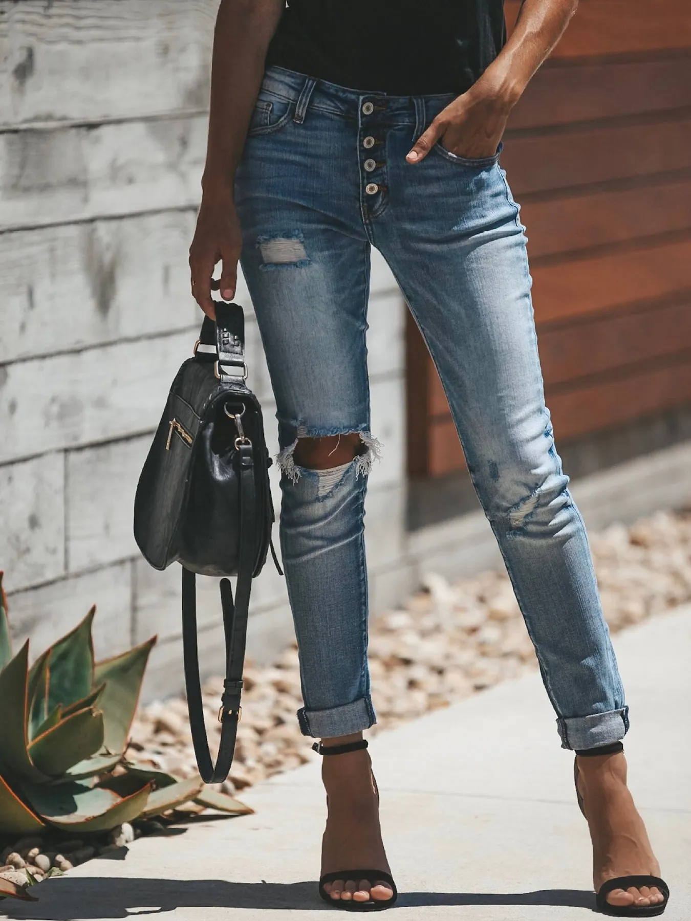 Distressed Button-Fly Skinny Jeans