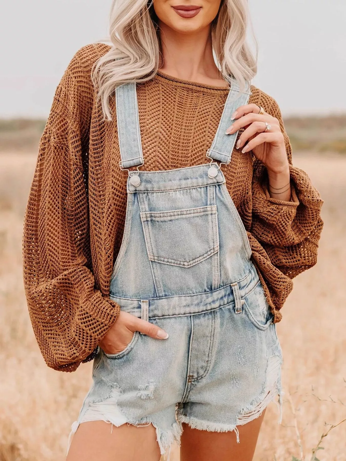Distressed Denim Overalls Shorts - Image 3