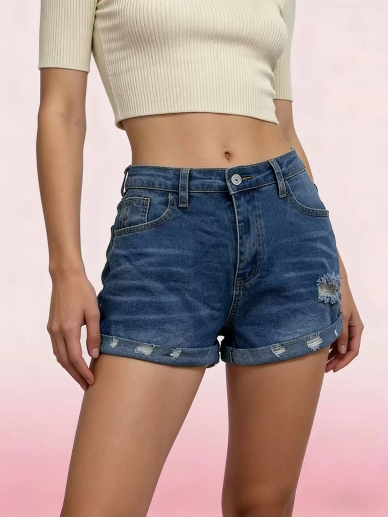 Distressed Denim Roll-Up Shorts - Image 11