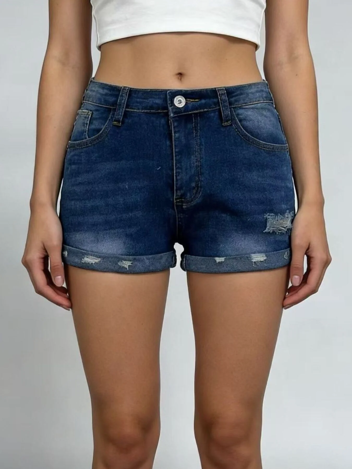 Distressed Denim Roll-Up Shorts - Image 8