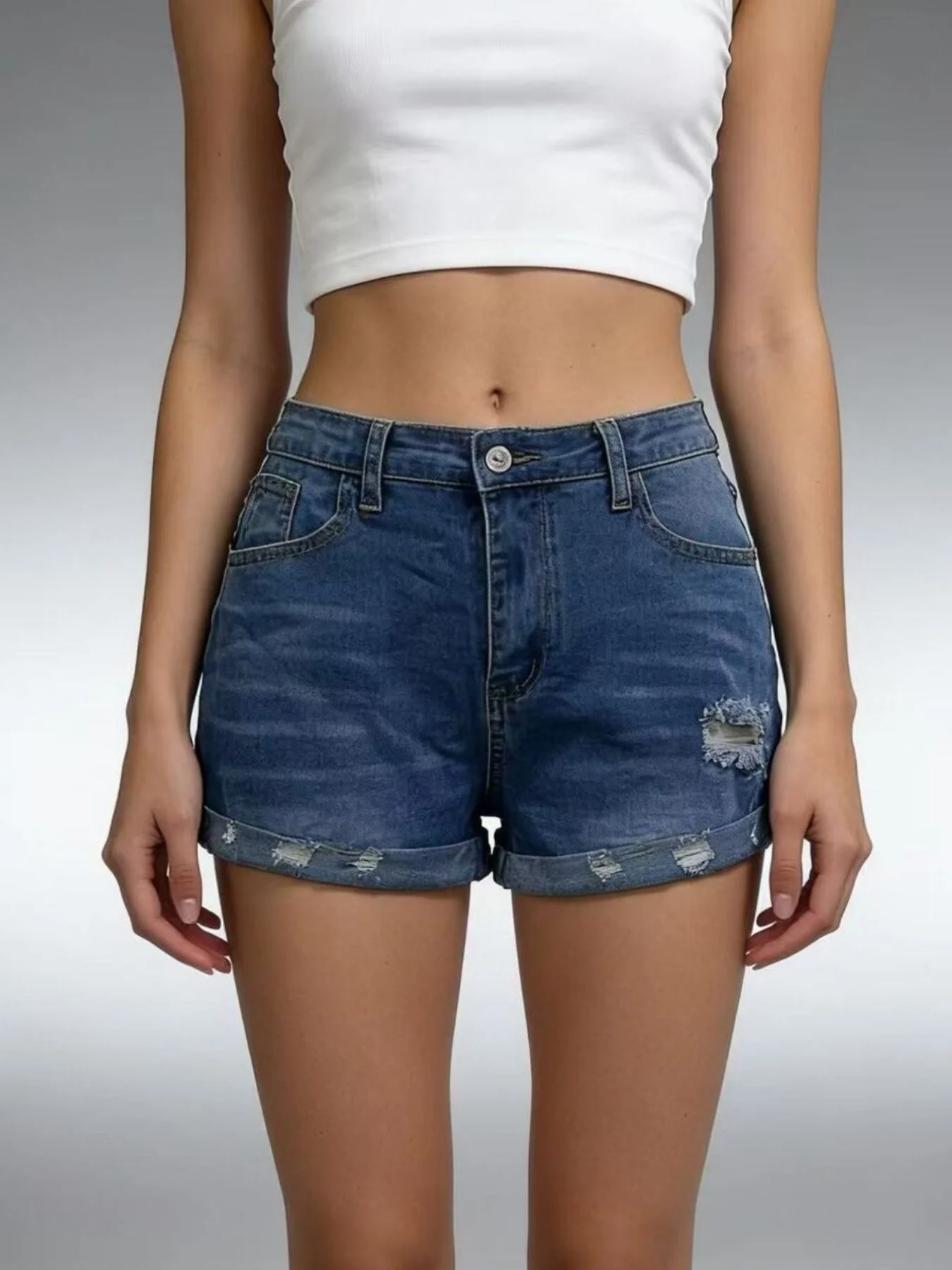 Distressed Denim Roll-Up Shorts - Image 9