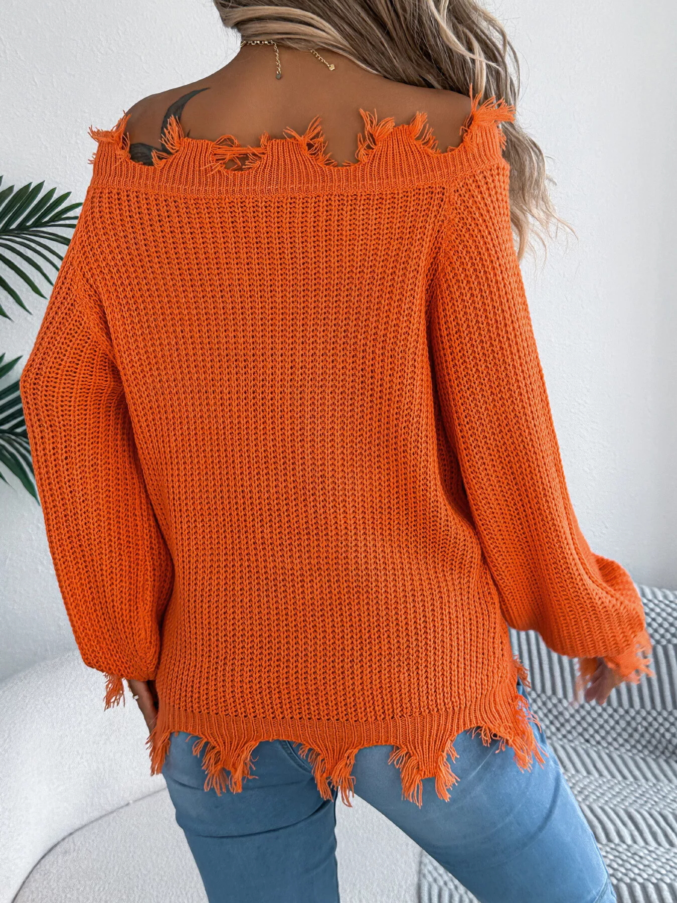 Distressed Hem Openwork Off-Shoulder Sweater - Image 3