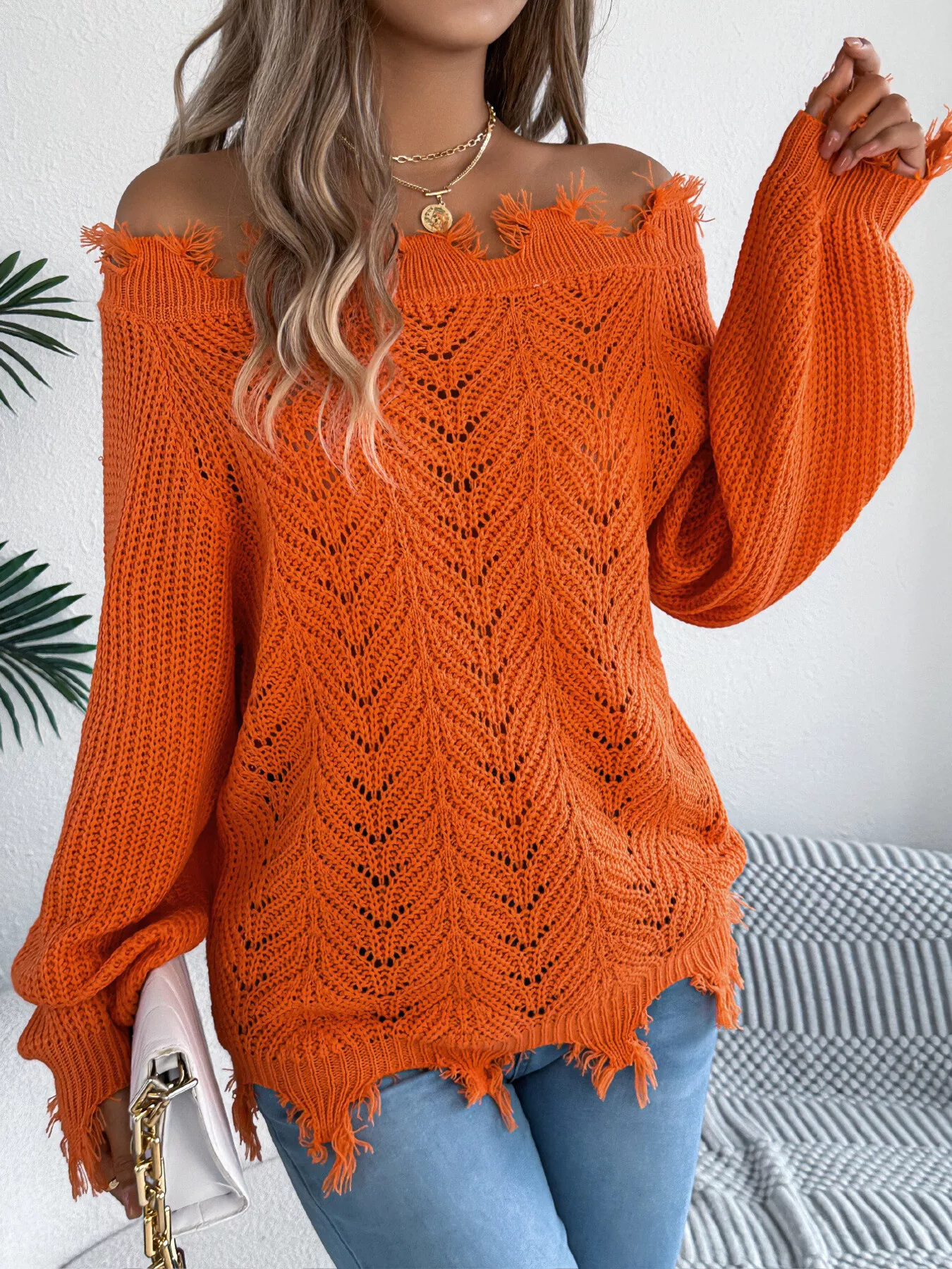 Distressed Hem Openwork Off-Shoulder Sweater - Image 6