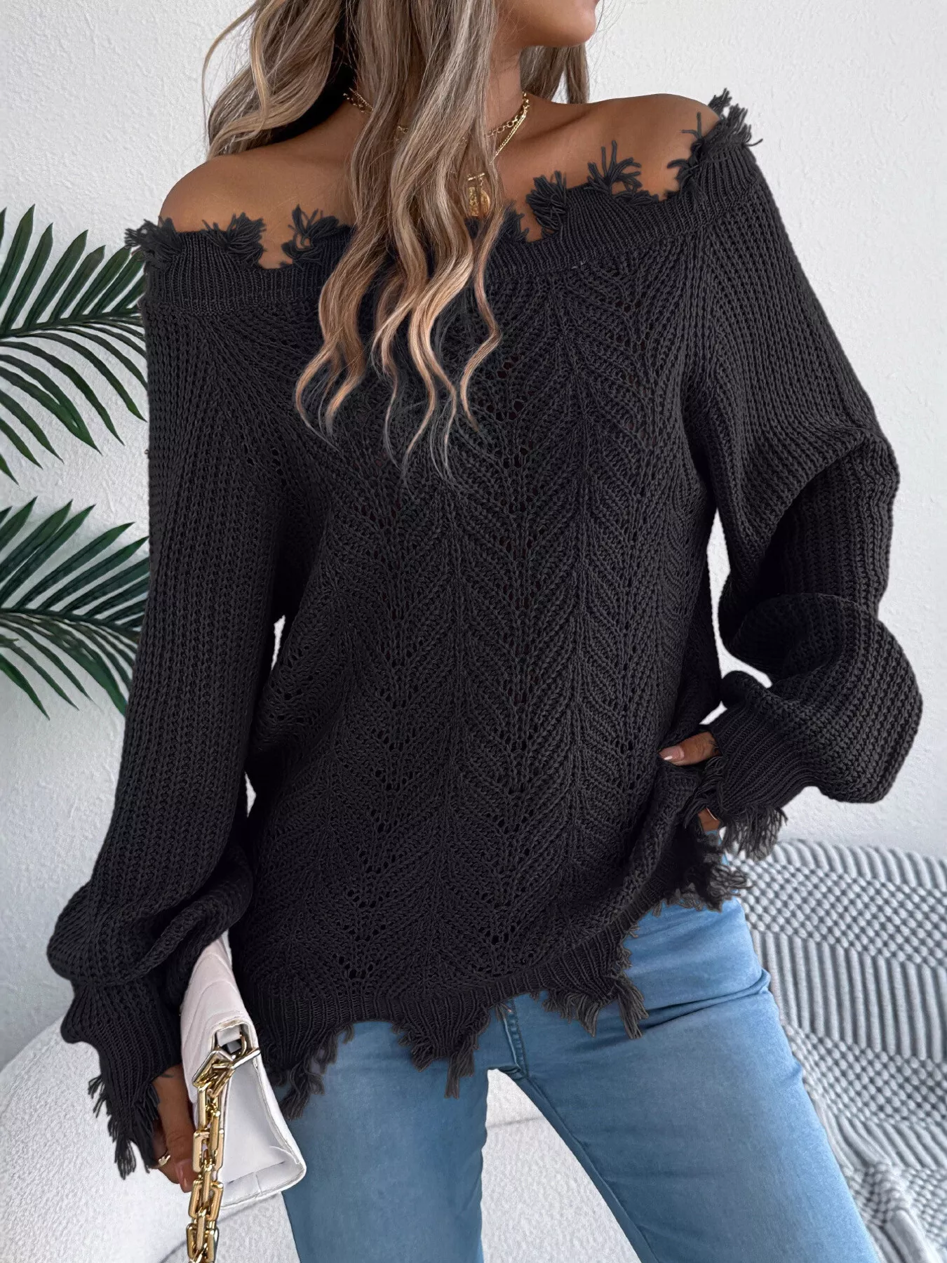 Distressed Hem Openwork Off-Shoulder Sweater - Image 8