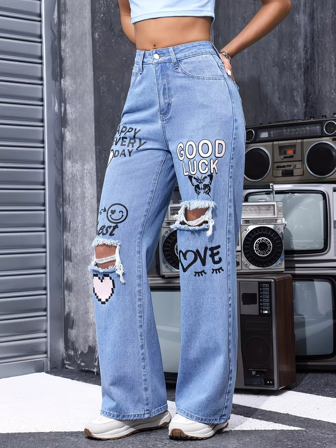 Distressed Printed Wide Leg Jeans - Image 2