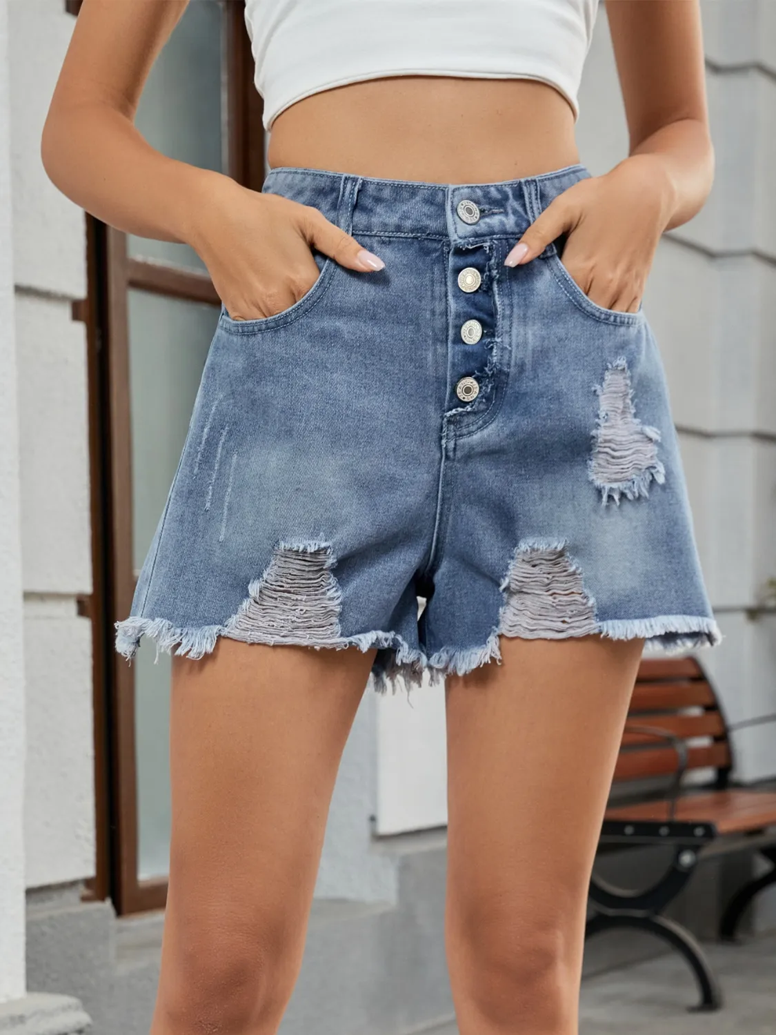 Distressed Raw Hem Denim Shorts - Image 5