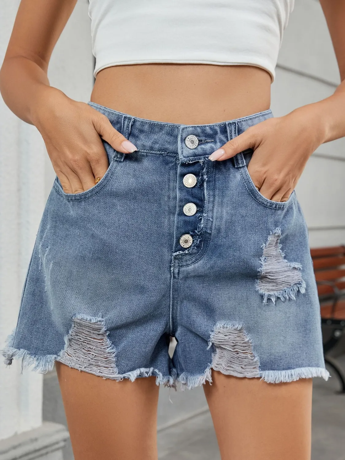 Distressed Raw Hem Denim Shorts - Image 9