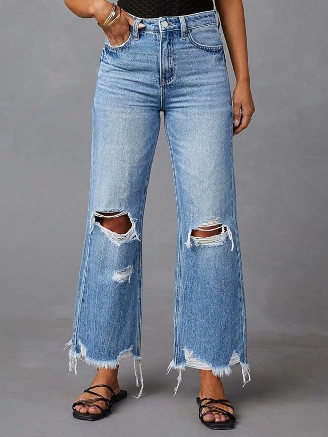 Distressed Raw Hem Flare Jeans - Image 3