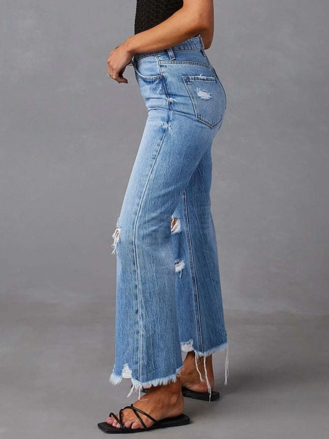 Distressed Raw Hem Flare Jeans - Image 4