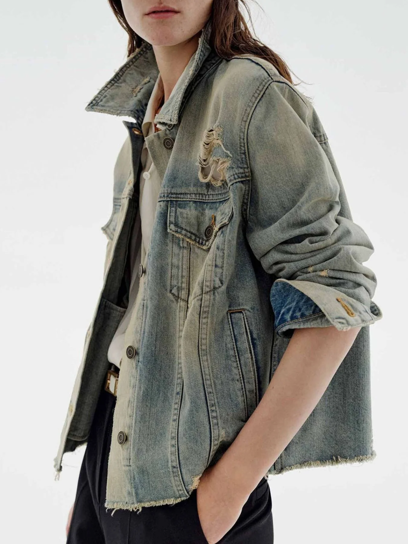 Distressed Wash Button Up Denim Jacket - Image 3