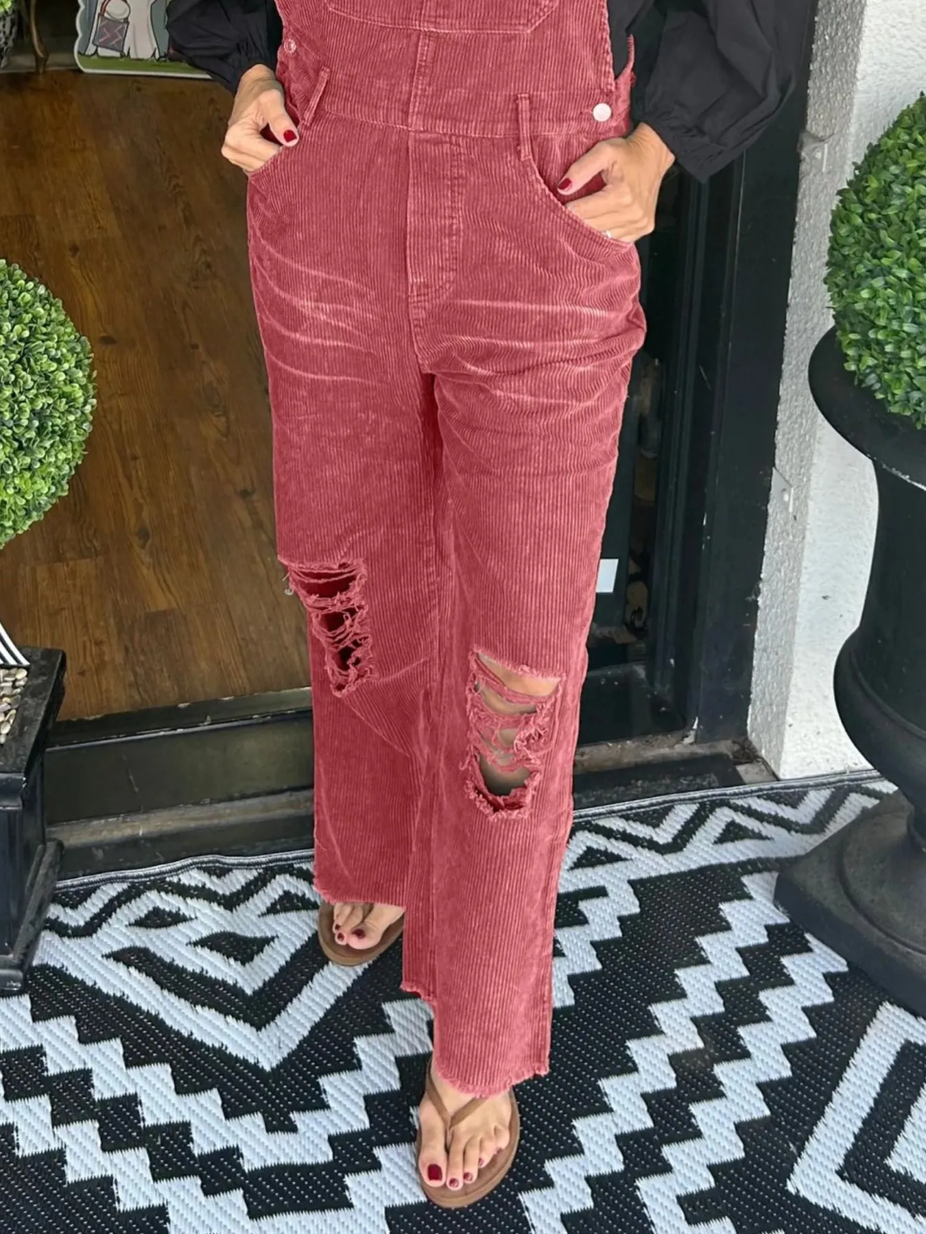 Distressed Wide Leg Corduroy Overalls - Image 9