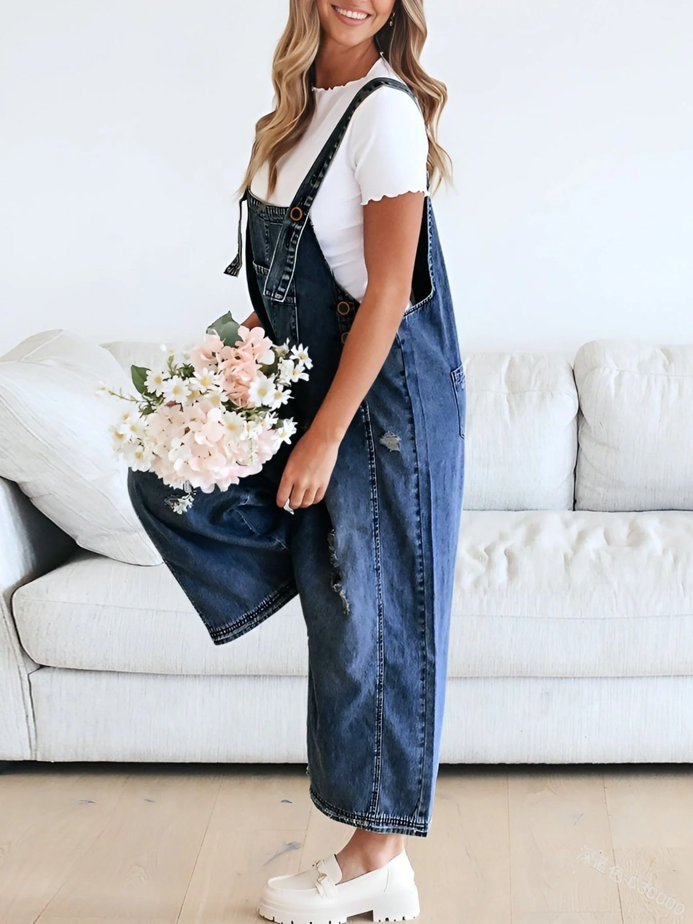 Distressed Wide Leg Denim Overalls - Image 10