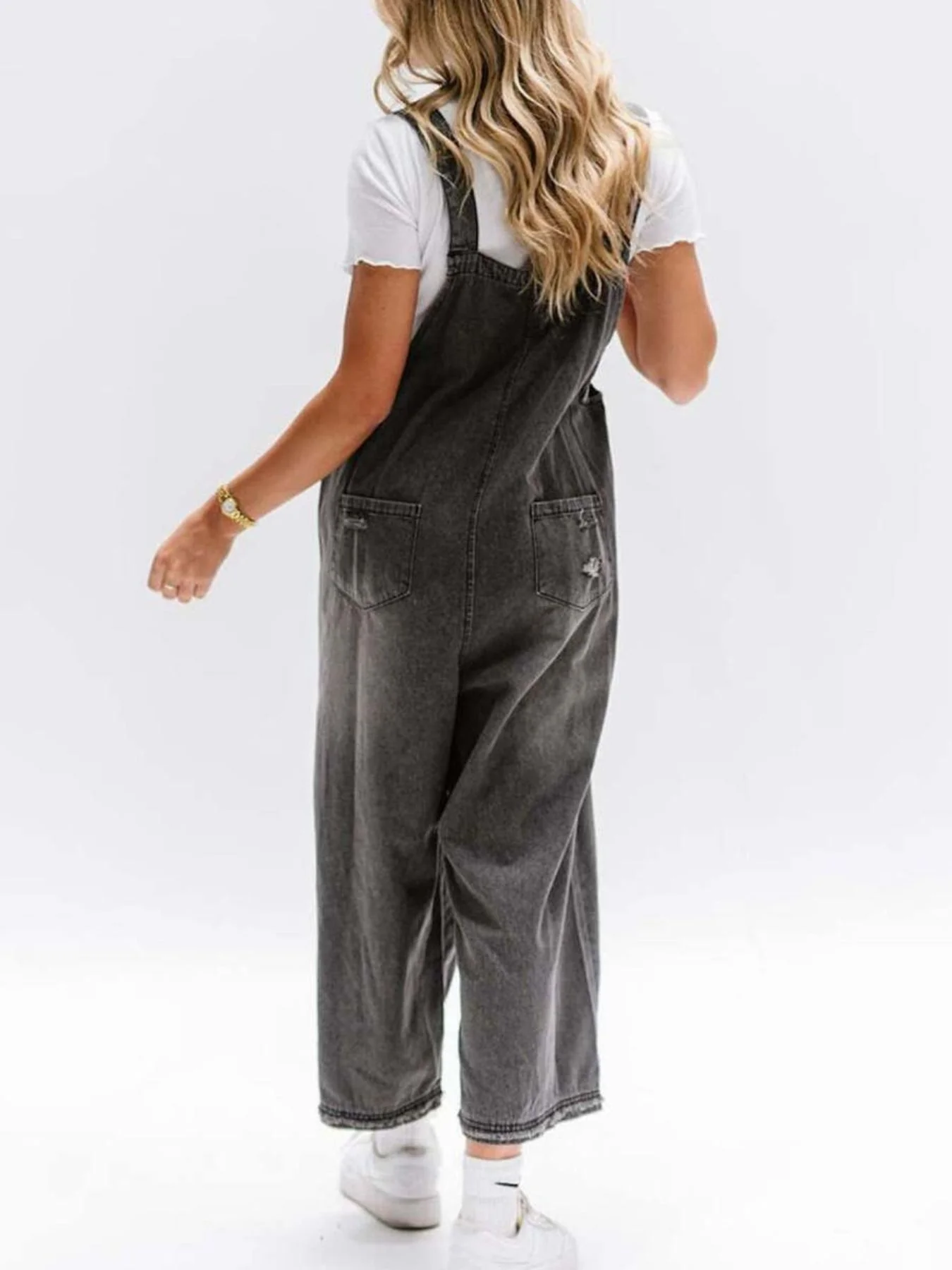 Distressed Wide Leg Denim Overalls - Image 8