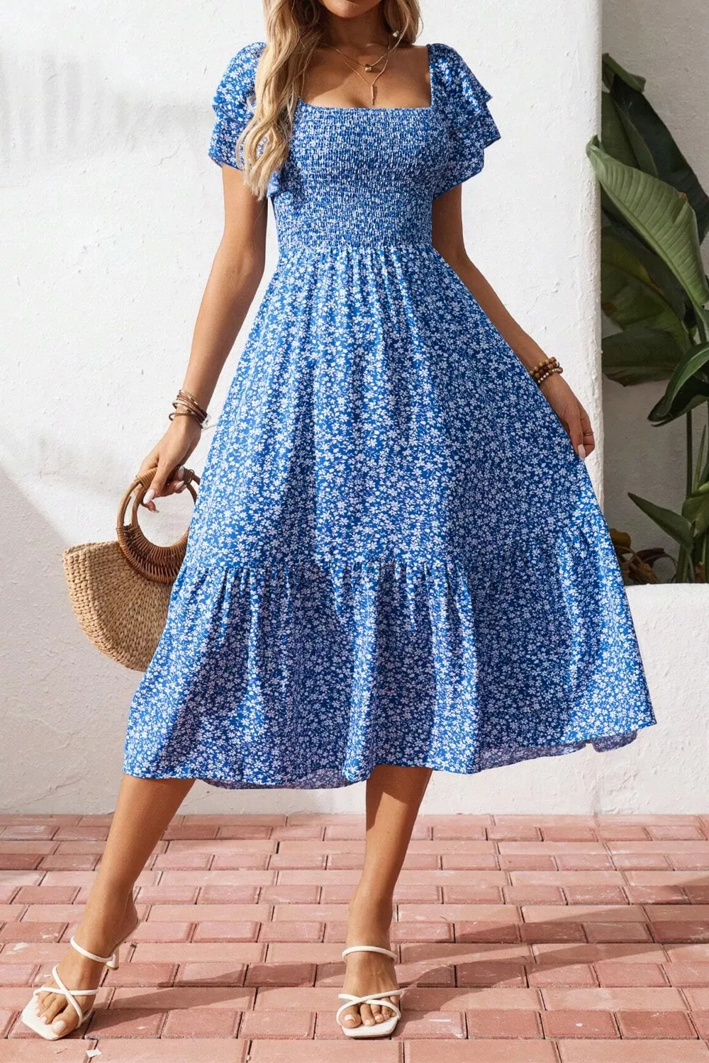 Ditsy Floral Print Smocked Square Neck Ruffle Short Sleeve Dress - Image 3