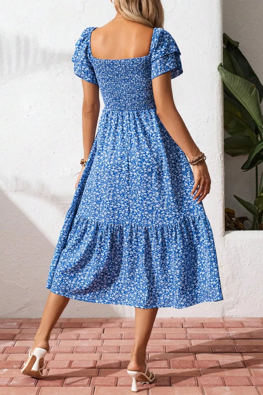 Ditsy Floral Print Smocked Square Neck Ruffle Short Sleeve Dress - Image 4