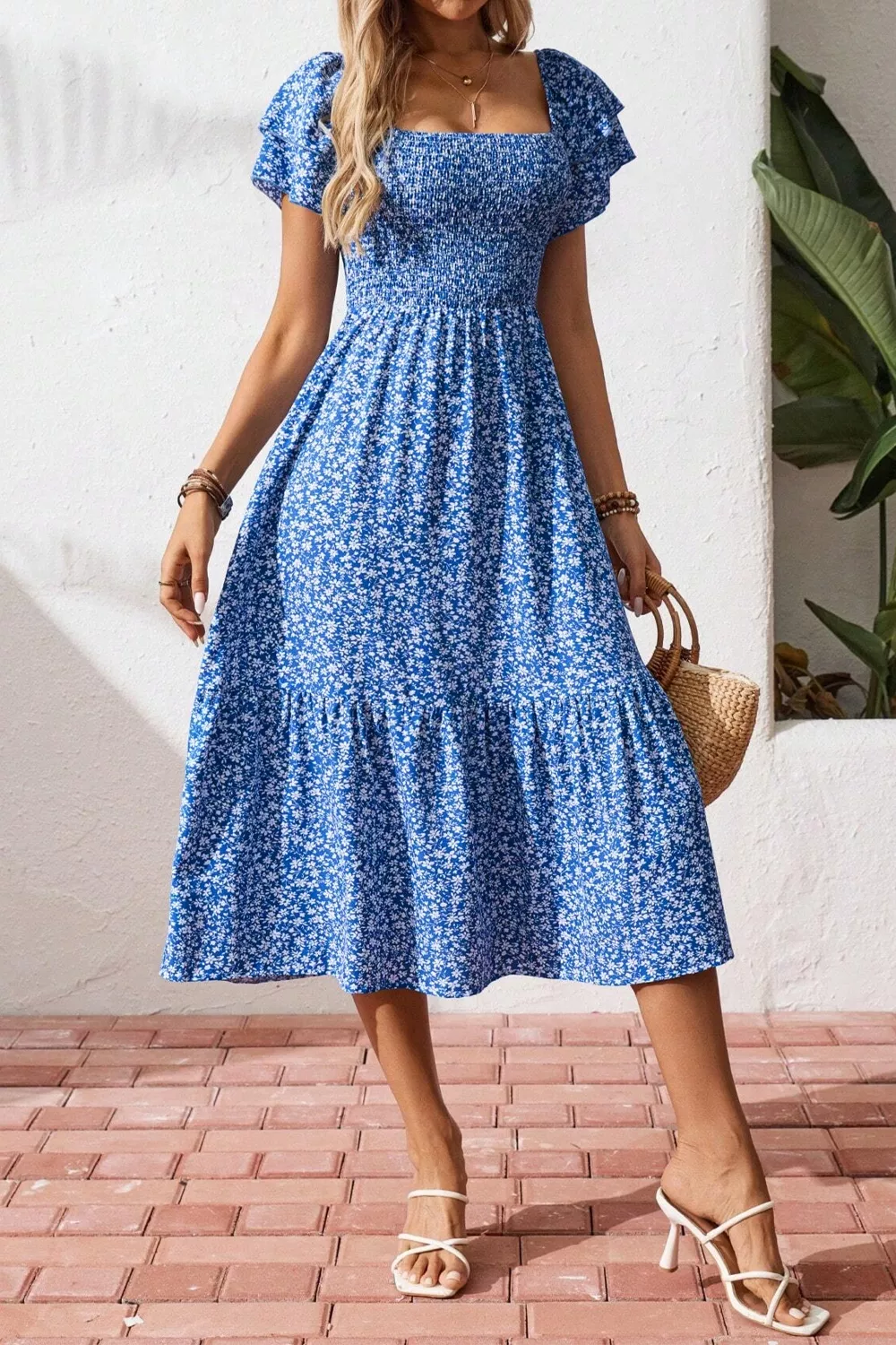 Ditsy Floral Print Smocked Square Neck Ruffle Short Sleeve Dress - Image 5