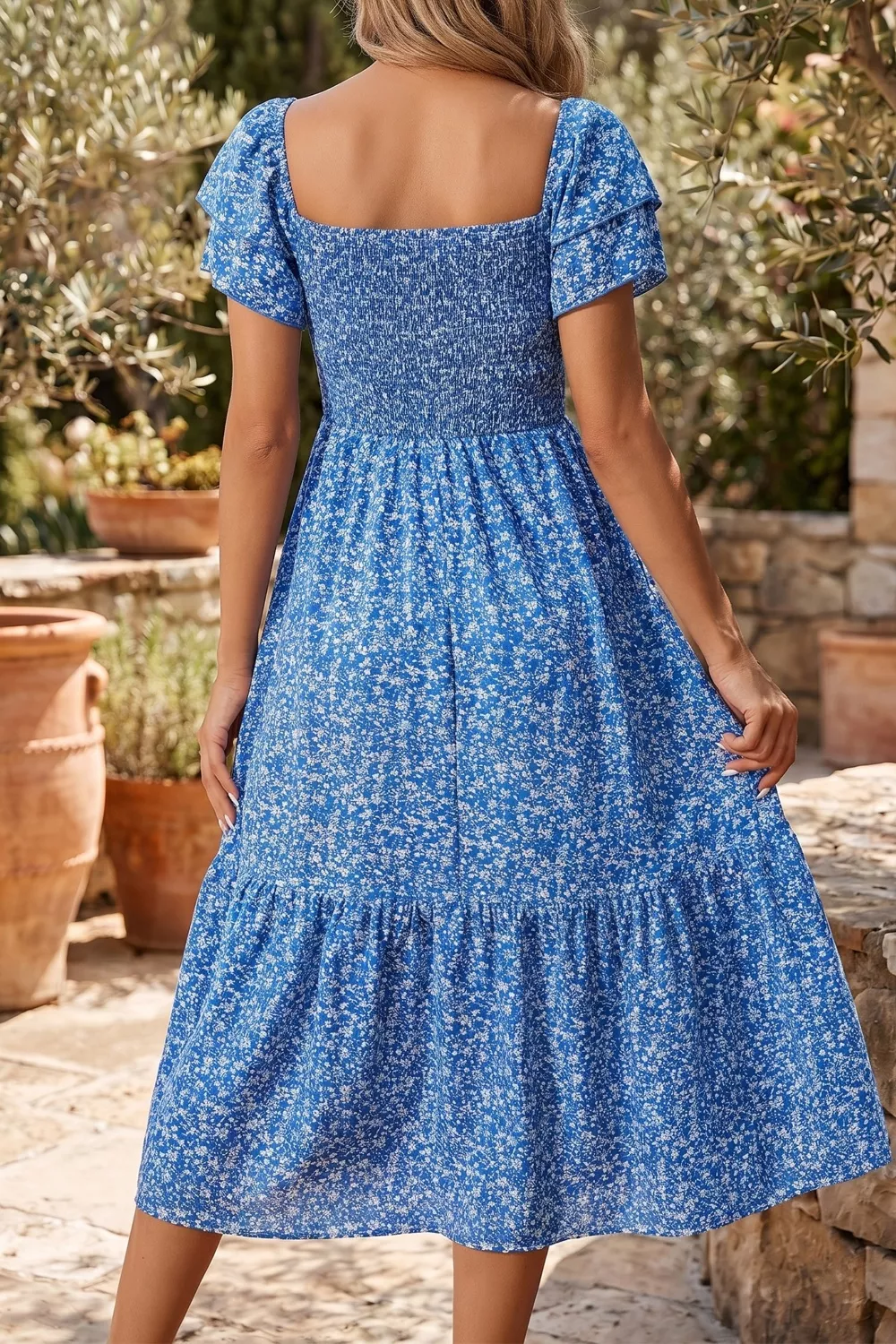 Ditsy Floral Print Smocked Square Neck Ruffle Short Sleeve Dress - Image 7
