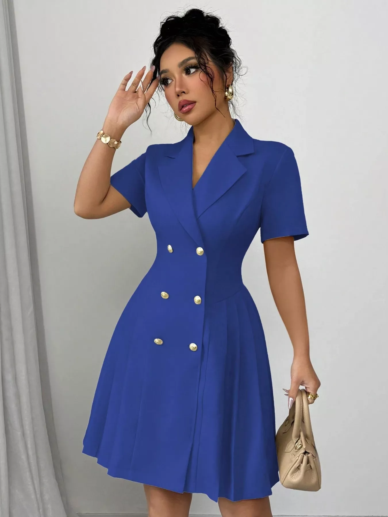 Double-Breasted Pleated Blazer Dress - Image 13