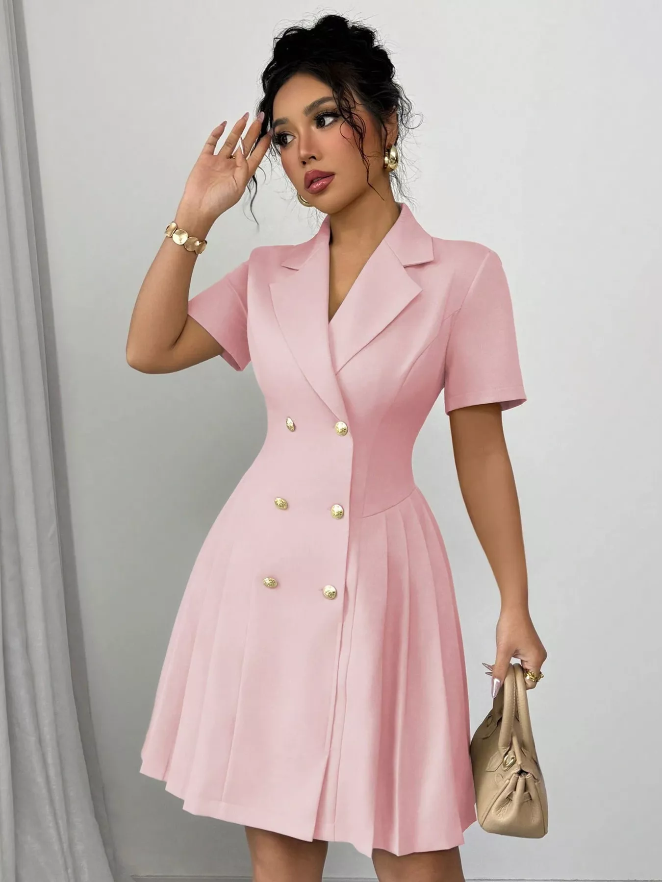 Double-Breasted Pleated Blazer Dress - Image 2
