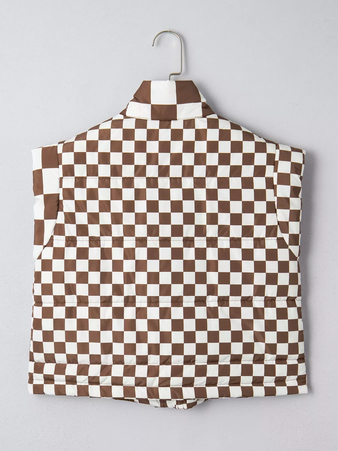 Double Checked Stand Collar Cropped Puffer Vest - Image 4