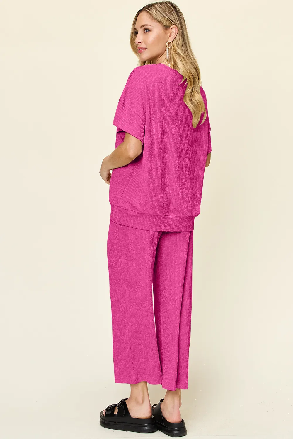 Double Take Full Size Texture Round Neck Short Sleeve T-Shirt and Wide Leg Pants - Image 15