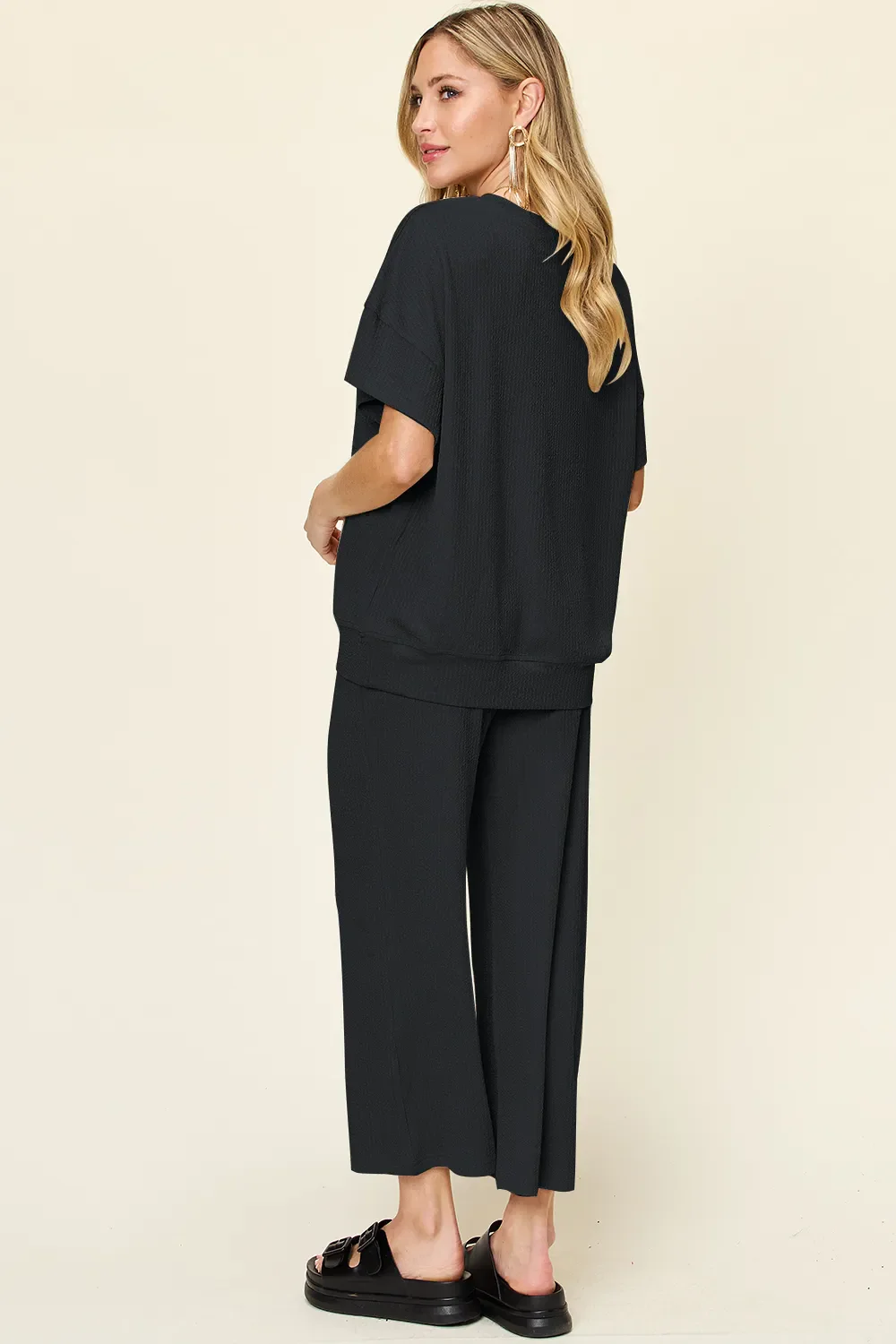 Double Take Full Size Texture Round Neck Short Sleeve T-Shirt and Wide Leg Pants - Image 20