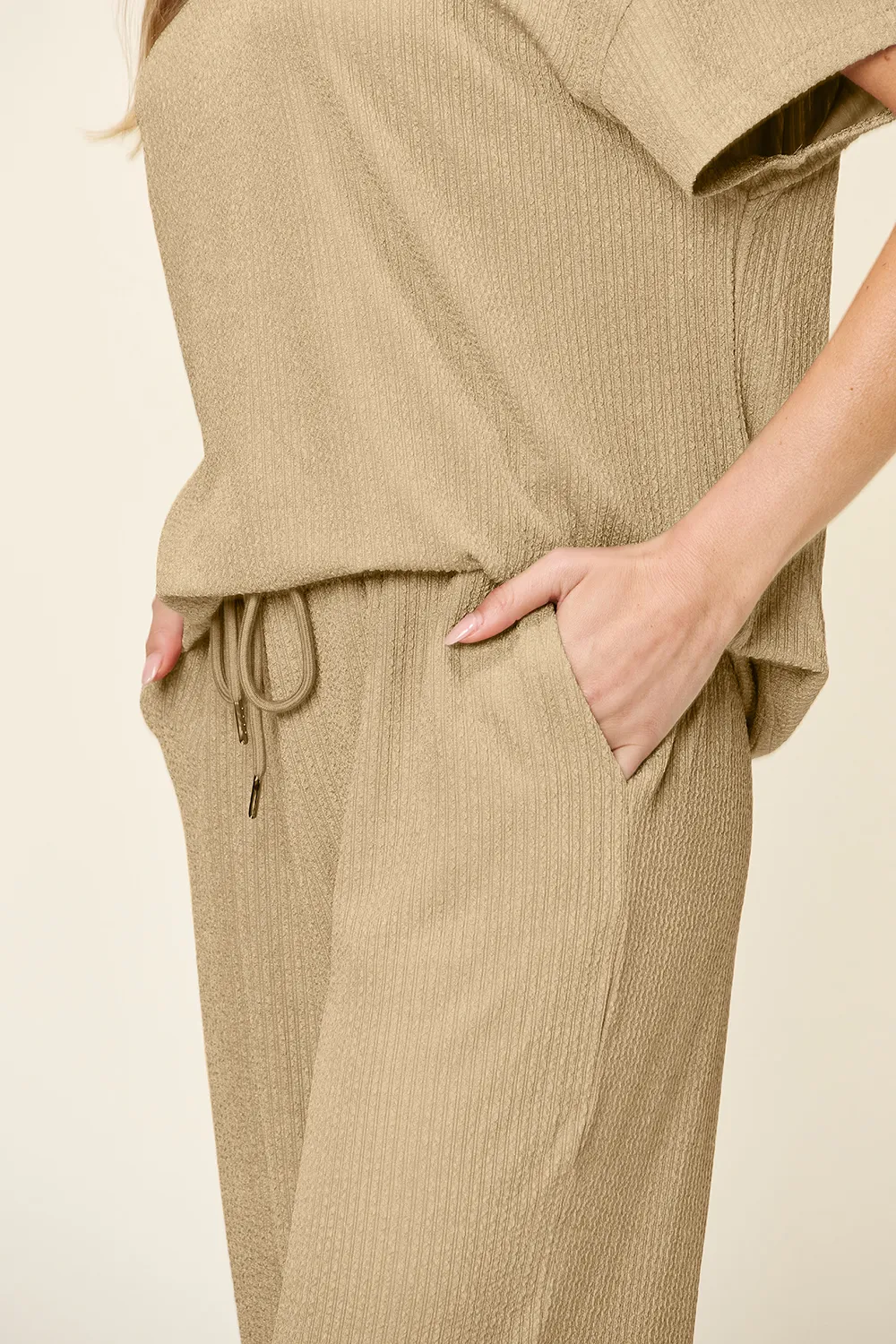 Double Take Full Size Texture Round Neck Short Sleeve T-Shirt and Wide Leg Pants - Image 33