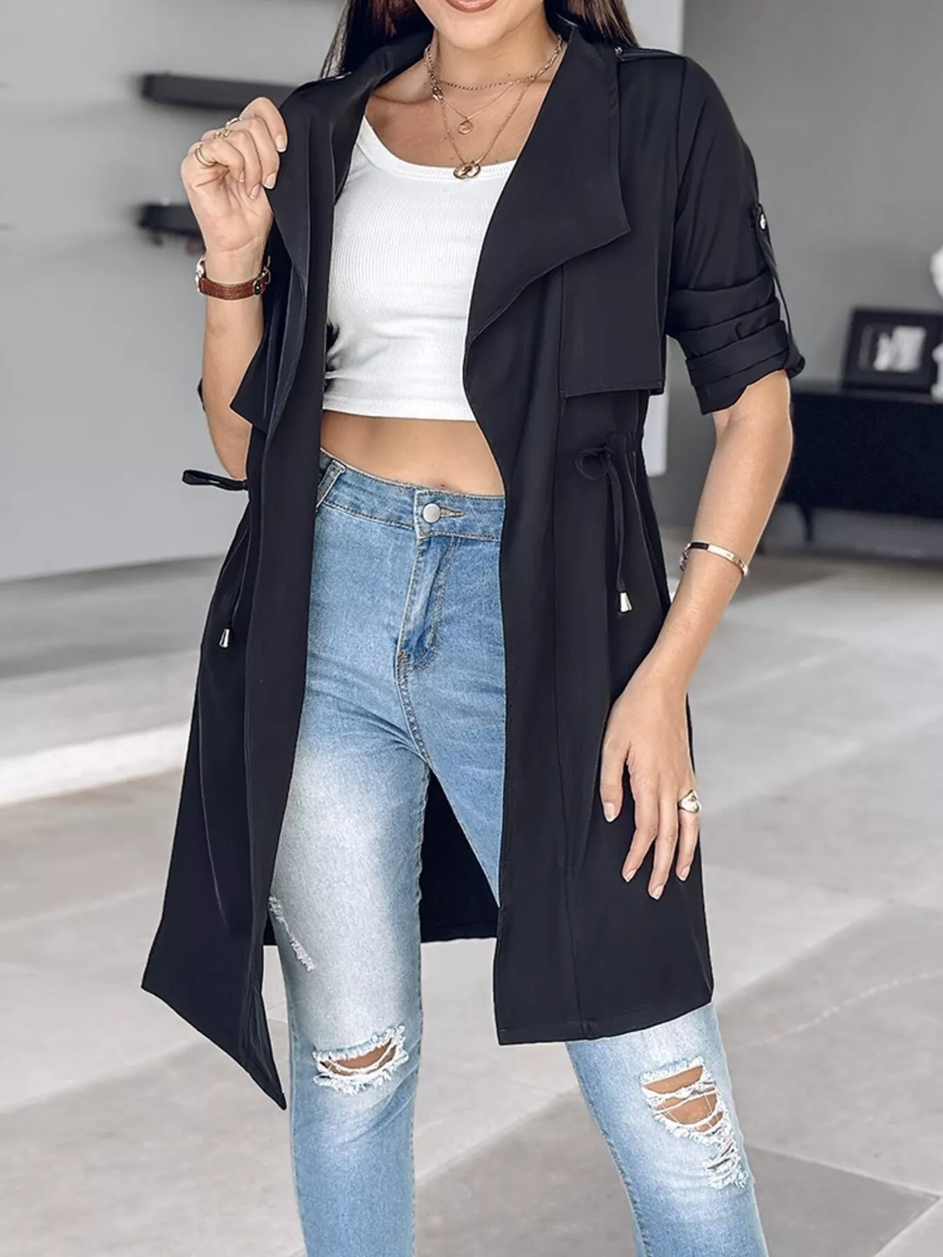 Drape Collar Lightweight Trench Coat - Image 11