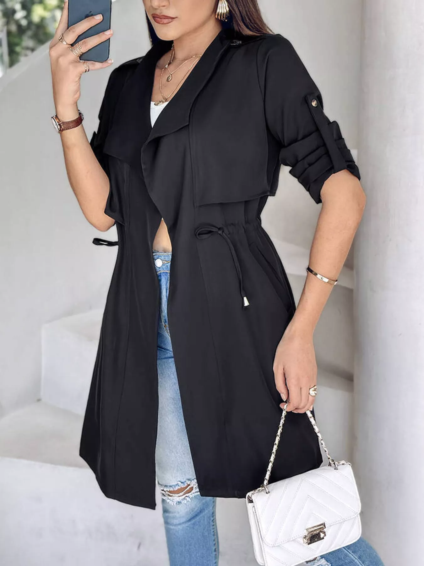 Drape Collar Lightweight Trench Coat - Image 12