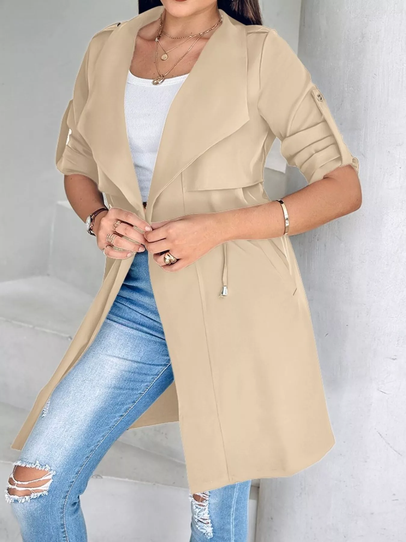 Drape Collar Lightweight Trench Coat - Image 2