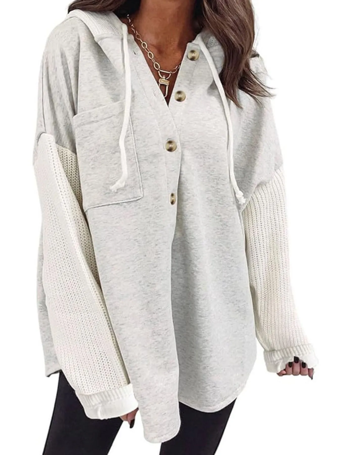 Drawstring Button Front Hoodie - Image 2