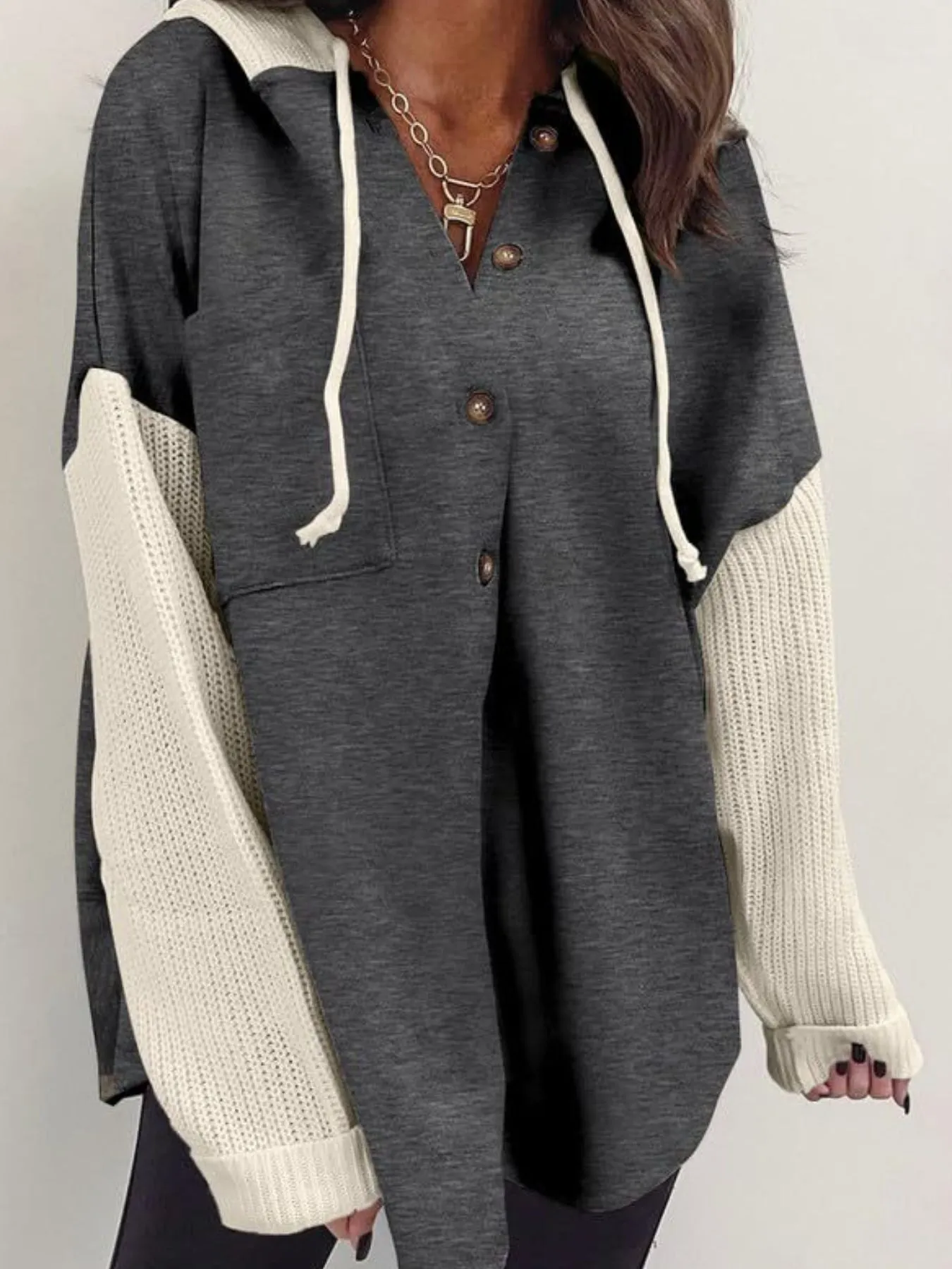 Drawstring Button Front Hoodie - Image 5