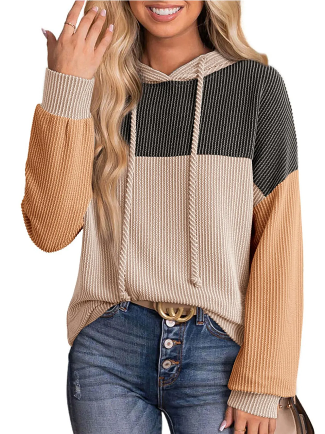 Drawstring Color Block Long Sleeve Hoodie - Image 2