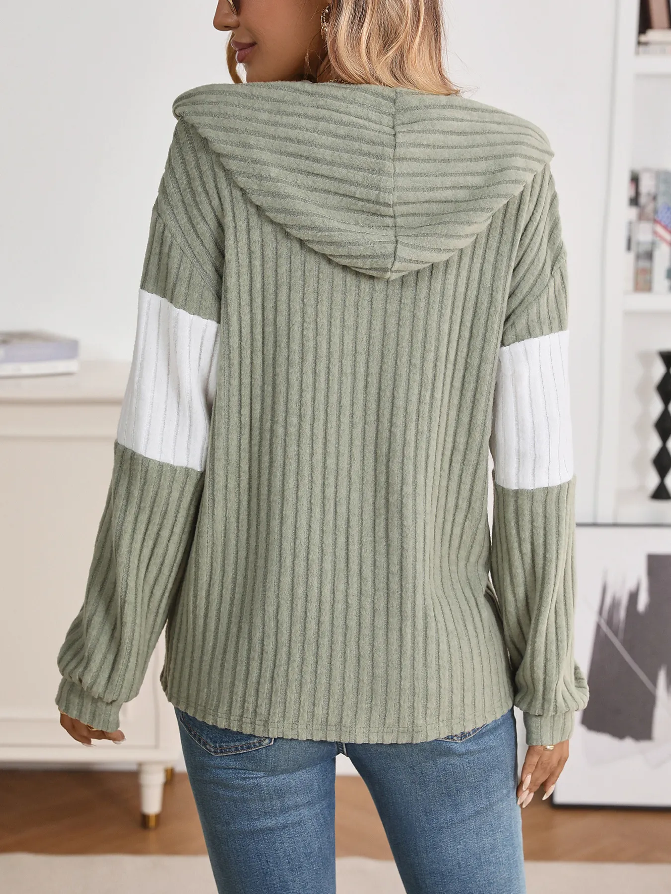 Drawstring Color Block Zip Up Outerwear - Image 7