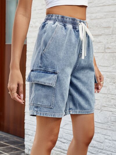 Drawstring Denim Shorts with Pockets - Image 3