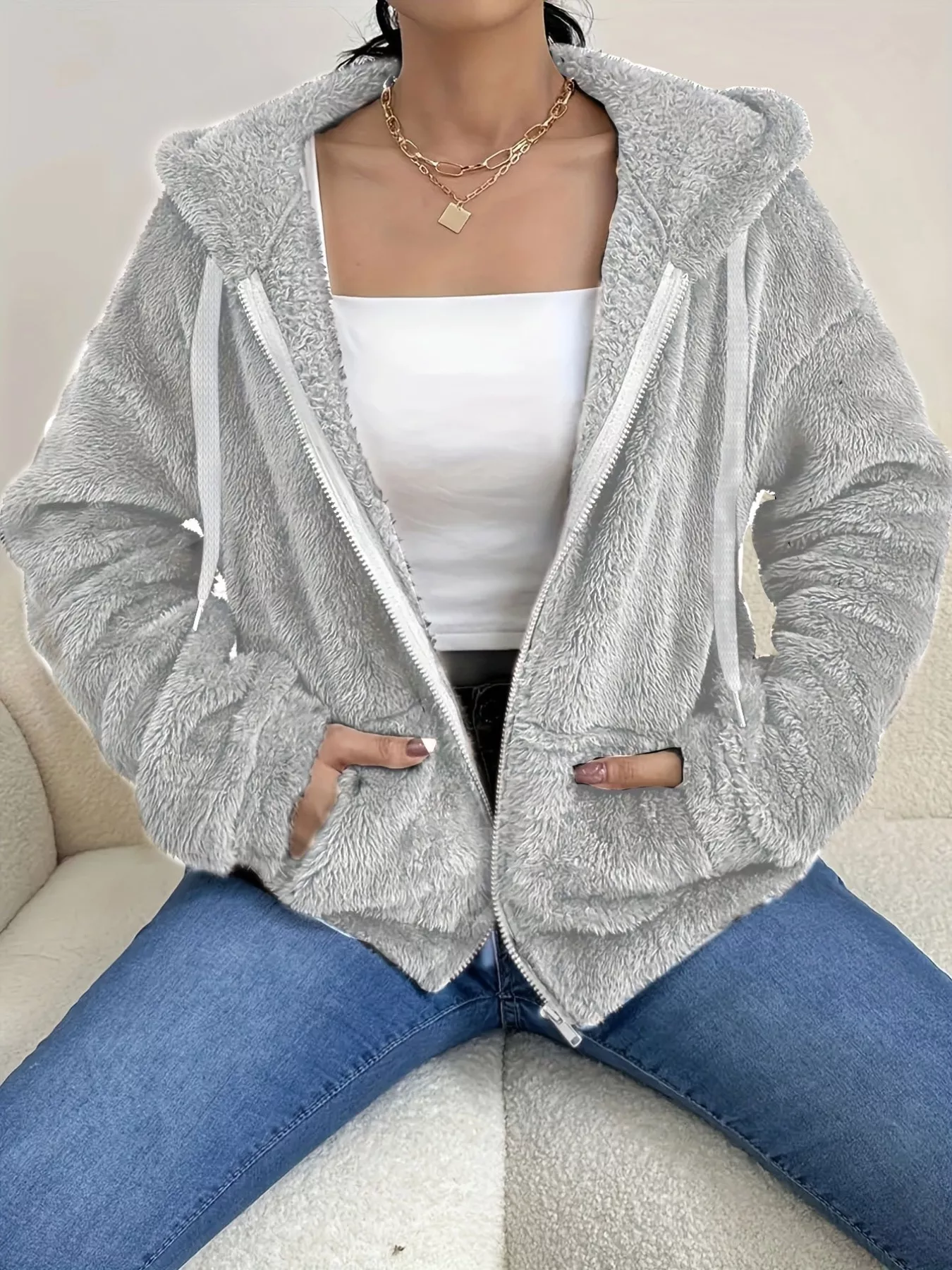 Drawstring Fleece Zip-Up Outerwear - Image 10