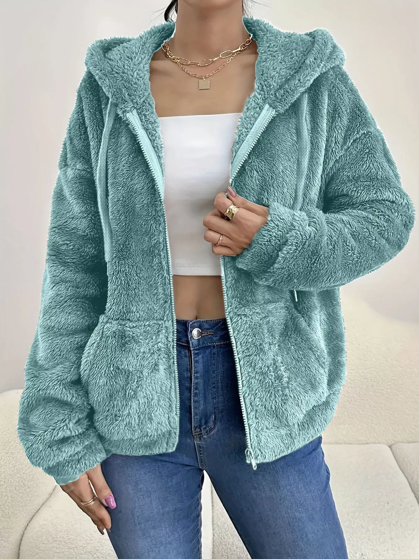 Drawstring Fleece Zip-Up Outerwear - Image 19