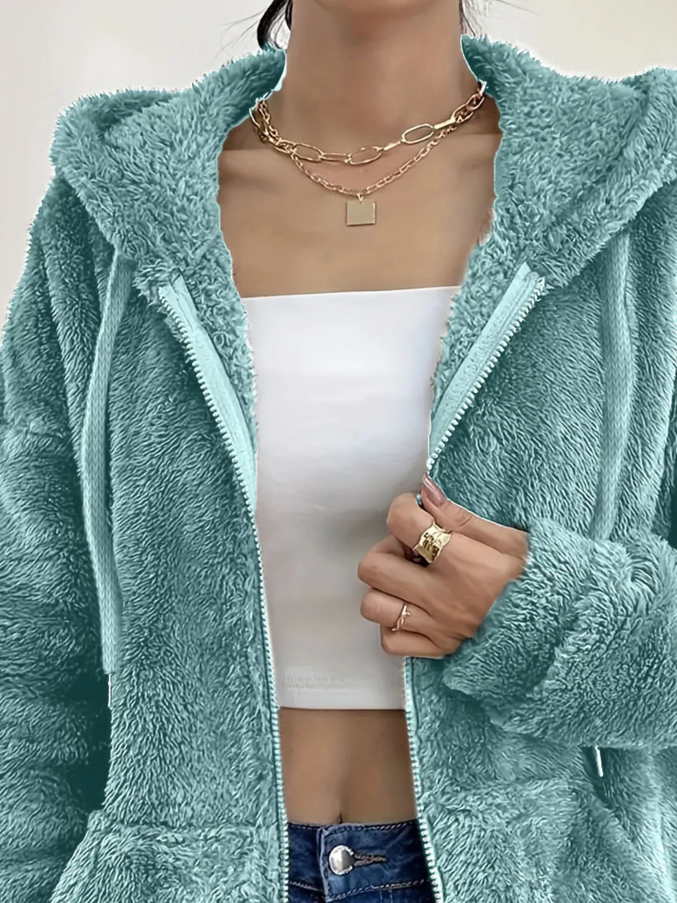 Drawstring Fleece Zip-Up Outerwear - Image 20