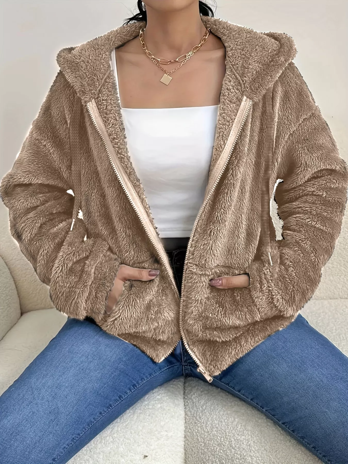 Drawstring Fleece Zip-Up Outerwear - Image 7