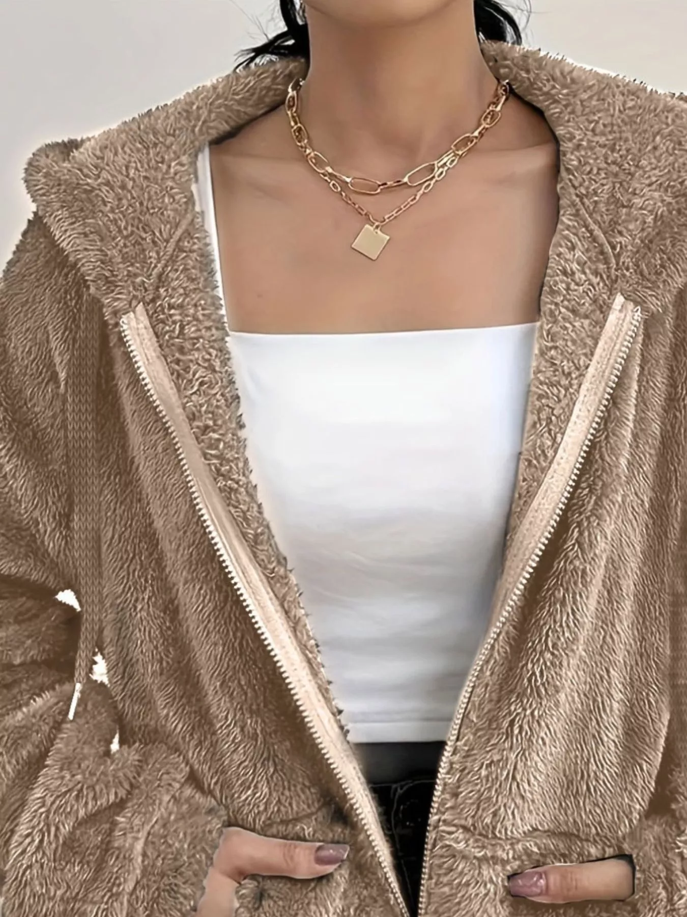 Drawstring Fleece Zip-Up Outerwear - Image 9