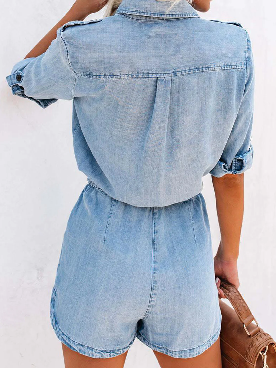 Drawstring Half Button Half Sleeve Denim Romper - Image 2