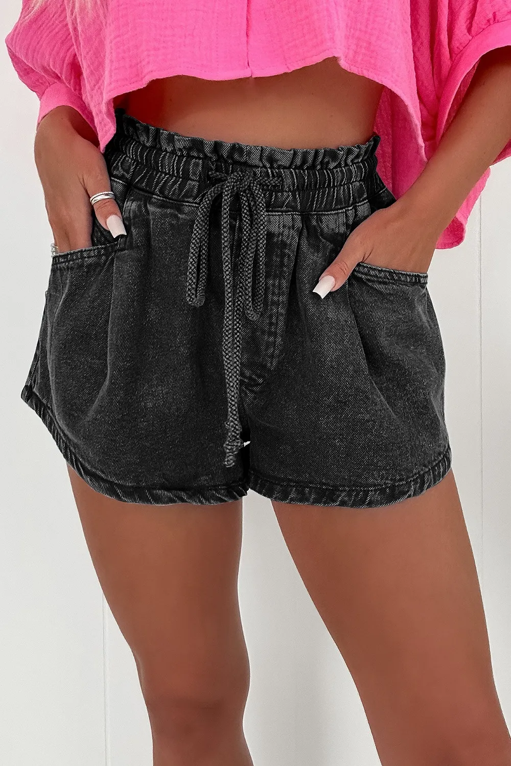 Drawstring High Waist Denim Shorts with Pockets - Image 10