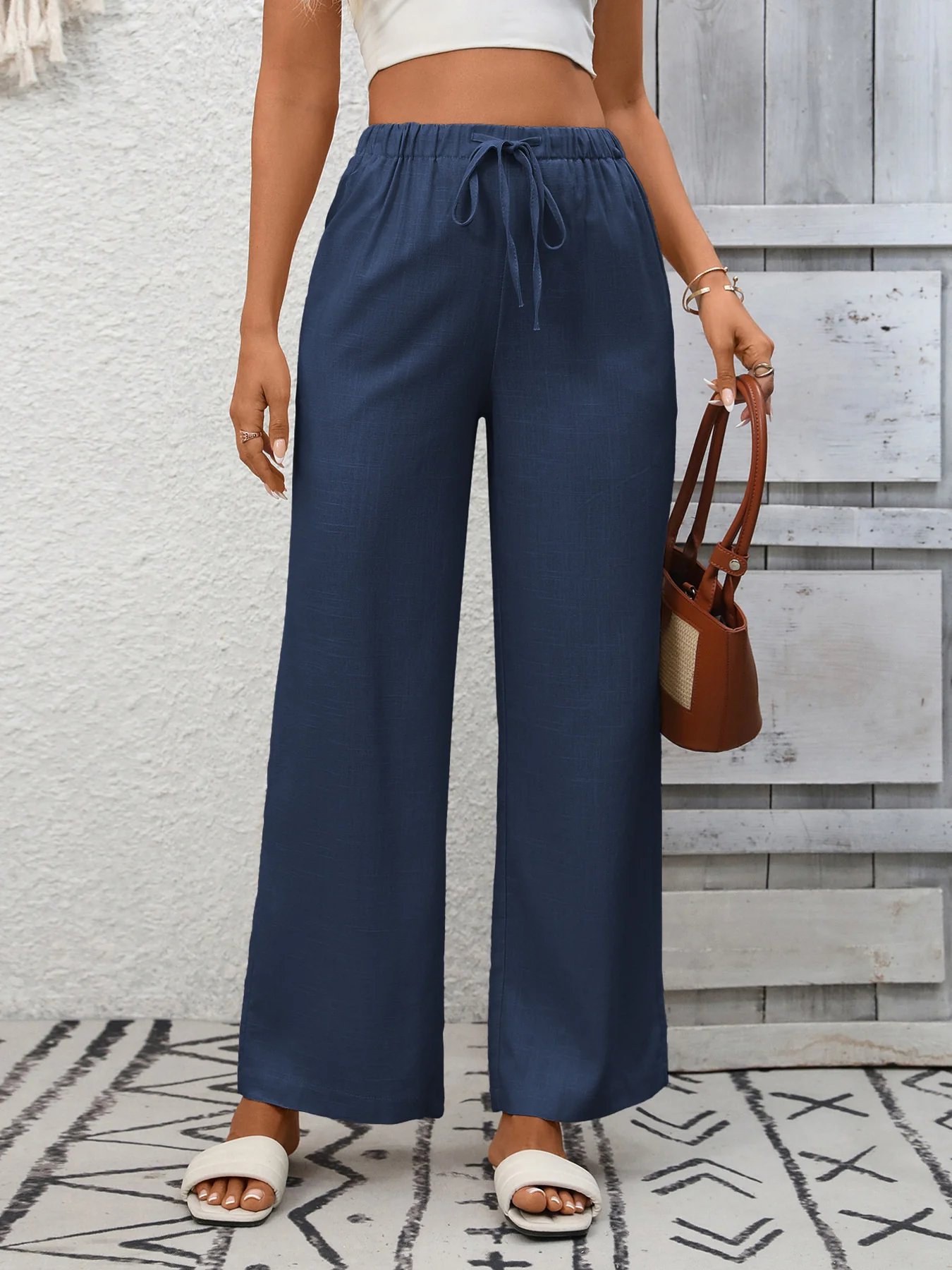 Drawstring High Waist Wide Leg Pants - Image 13